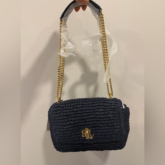 NWT Ralph Lauren Lauren Navy Sophee Woven Shoulder Bag with Gold Chain - Picture 2 of 9